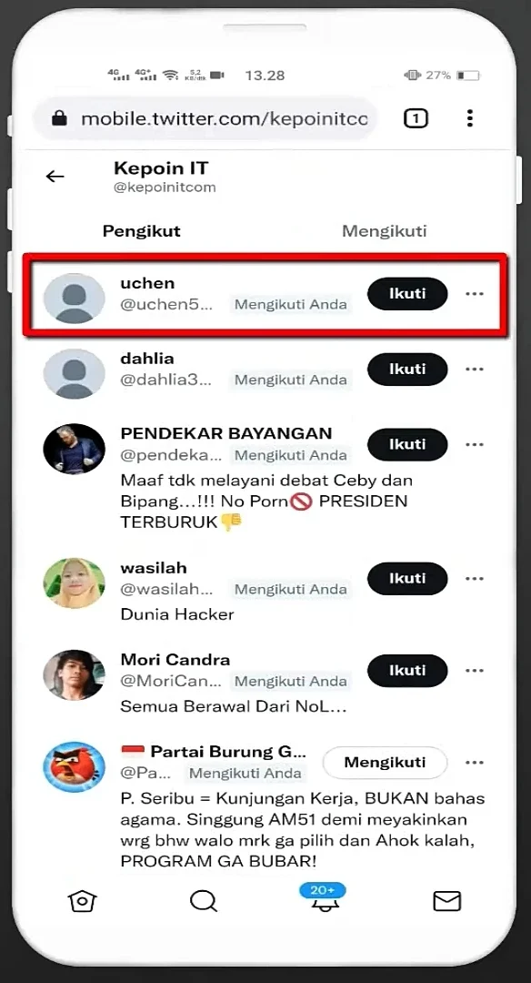 muncul daftar pengikut Anda