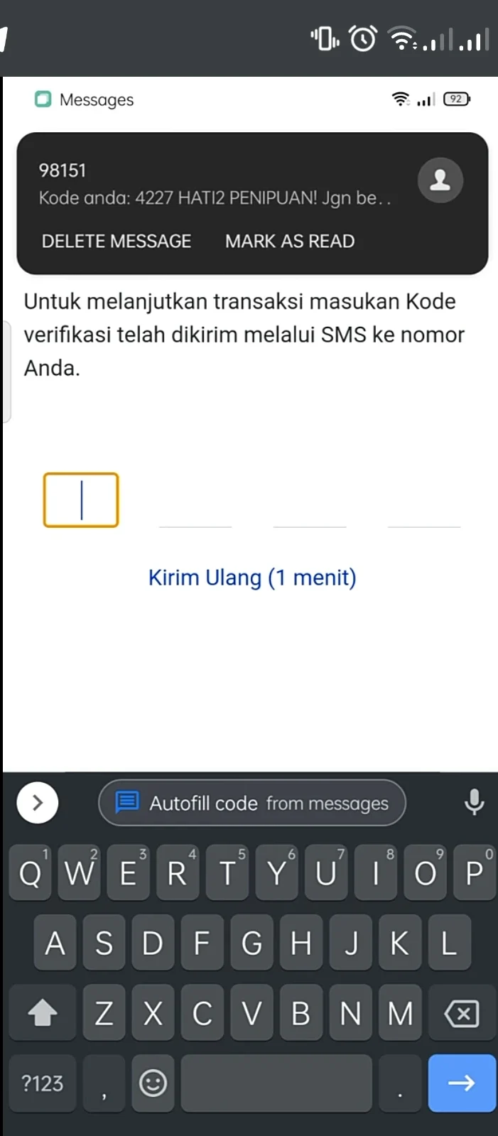 Muncul SMS kode