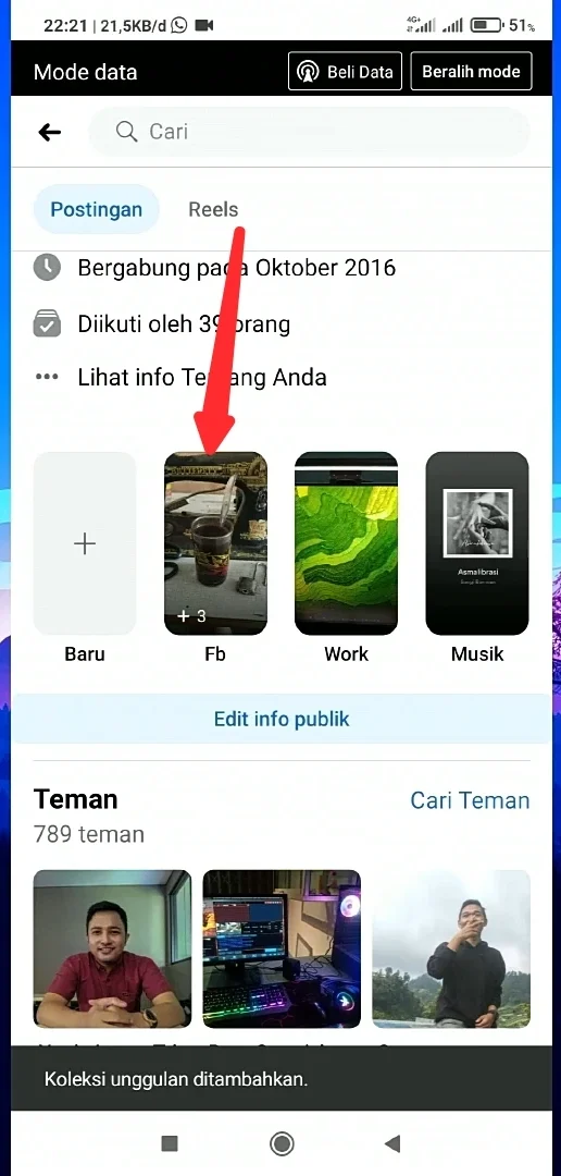 sorotan sudah ada ke profil