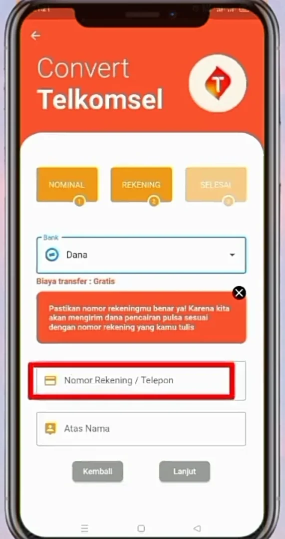 nomor rekening dan telp