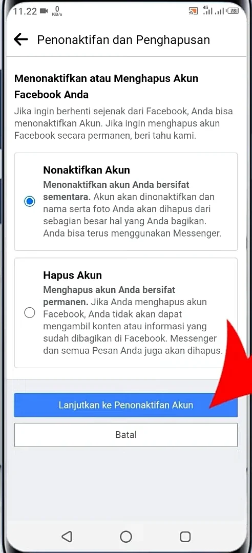 klik lanjutkan ke penonaktifan akun