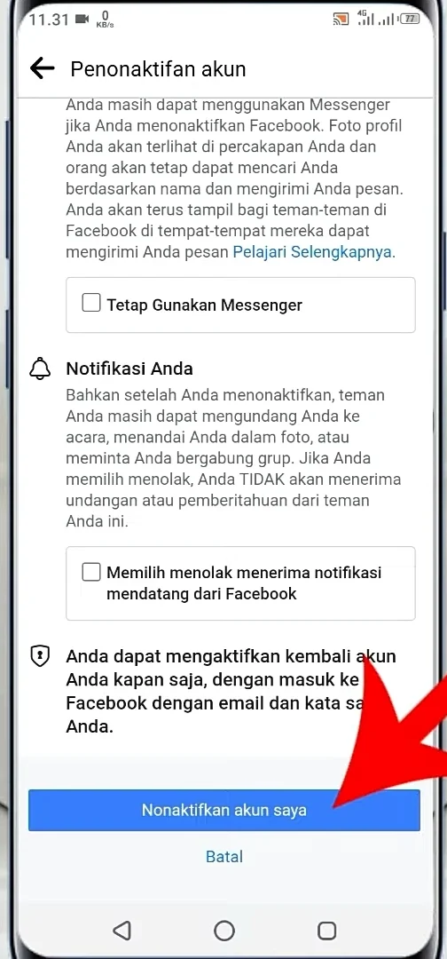 klik nonaktifkan akun saya