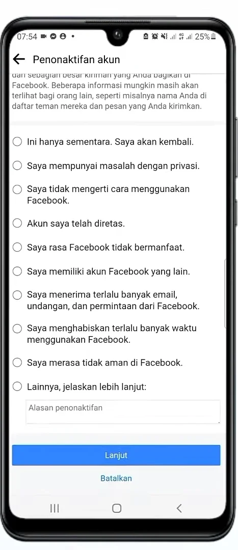 alasan nonaktifkan FB