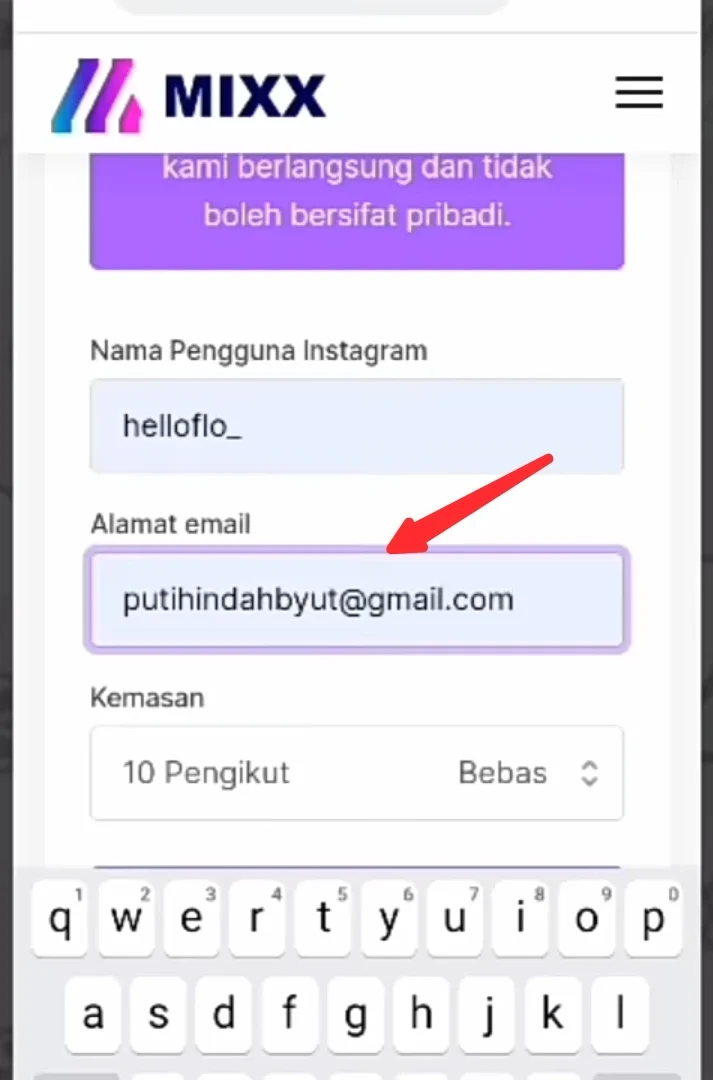 masukkan juga emailnya