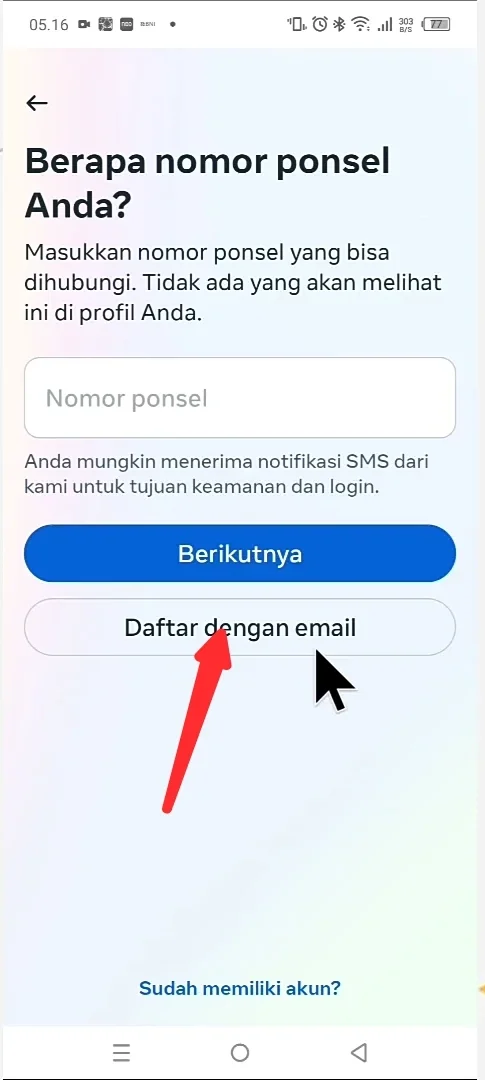 menu daftar dengan email