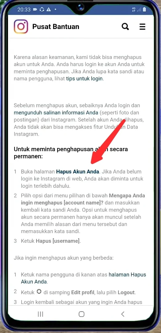 pilih hapus akun Anda