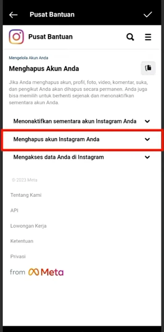 menghapus akun Instagram Anda.